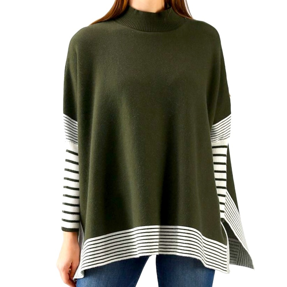 CHICWISH LIE IN OLIVE FIELDS STRIPED OVERSIZE KNIT CAPE SWEATER